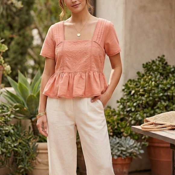 Midnight Sky Tops - Midnight Sky Linen Blend Babydoll Top Sz M Smocked Ruffle Peplum Milkmaid Fairy